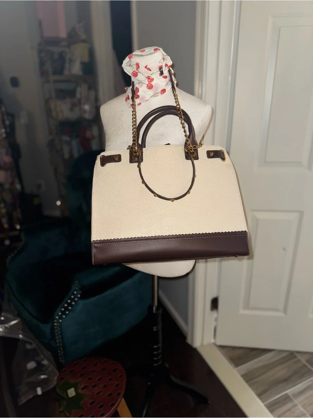 NWT Betsey Johnson Xokiara Skull Embossed Satchel Tote Cream Multi